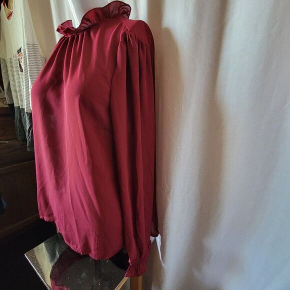 NEW Main Strip Boutique Blouse burgundy ruffle collar semi sheer Small & Large - Picture 10 of 13